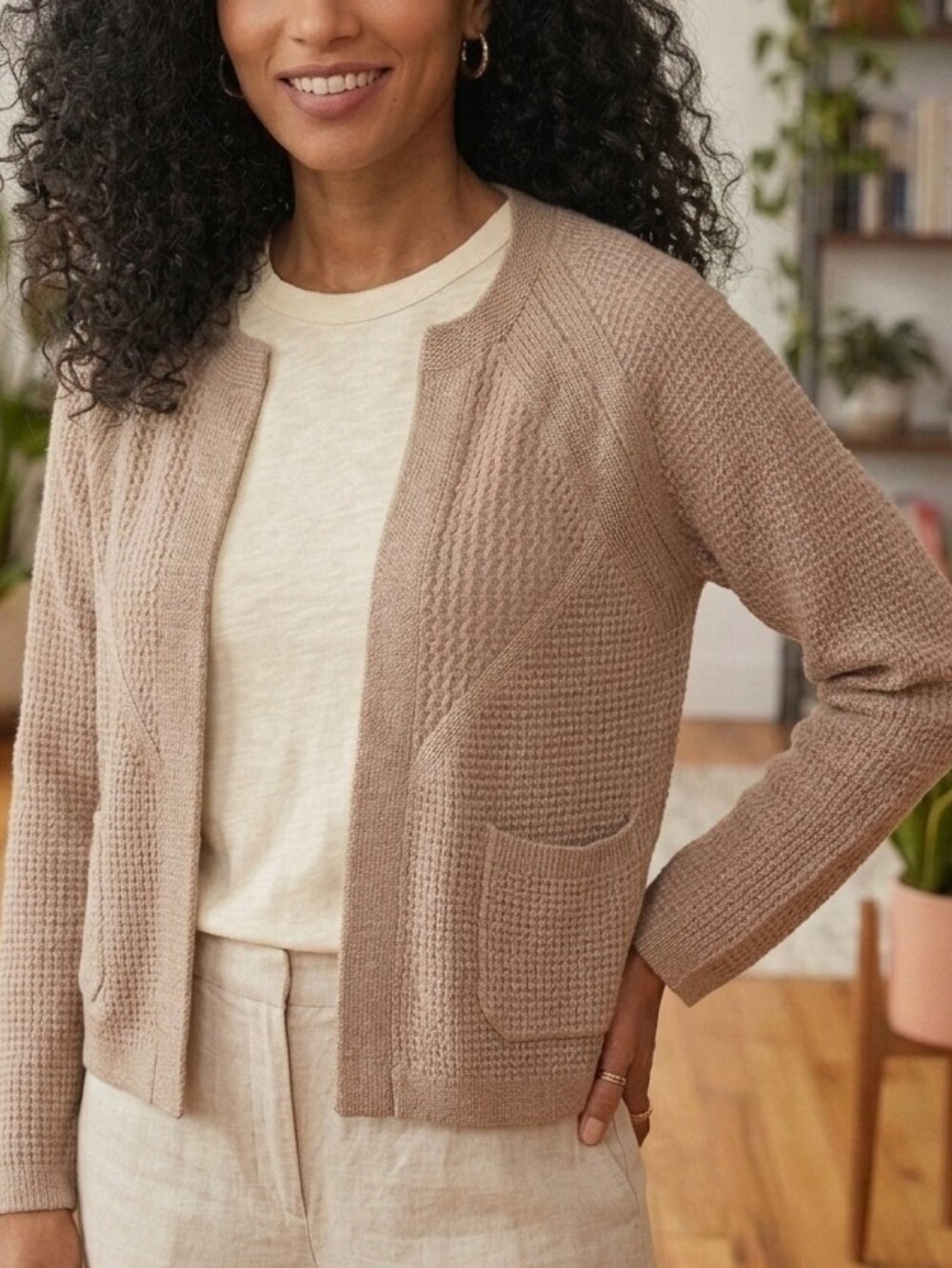 Design History Open Front Knit Cardigan Sweater with Pockets in Warm Oatmeal Sz2